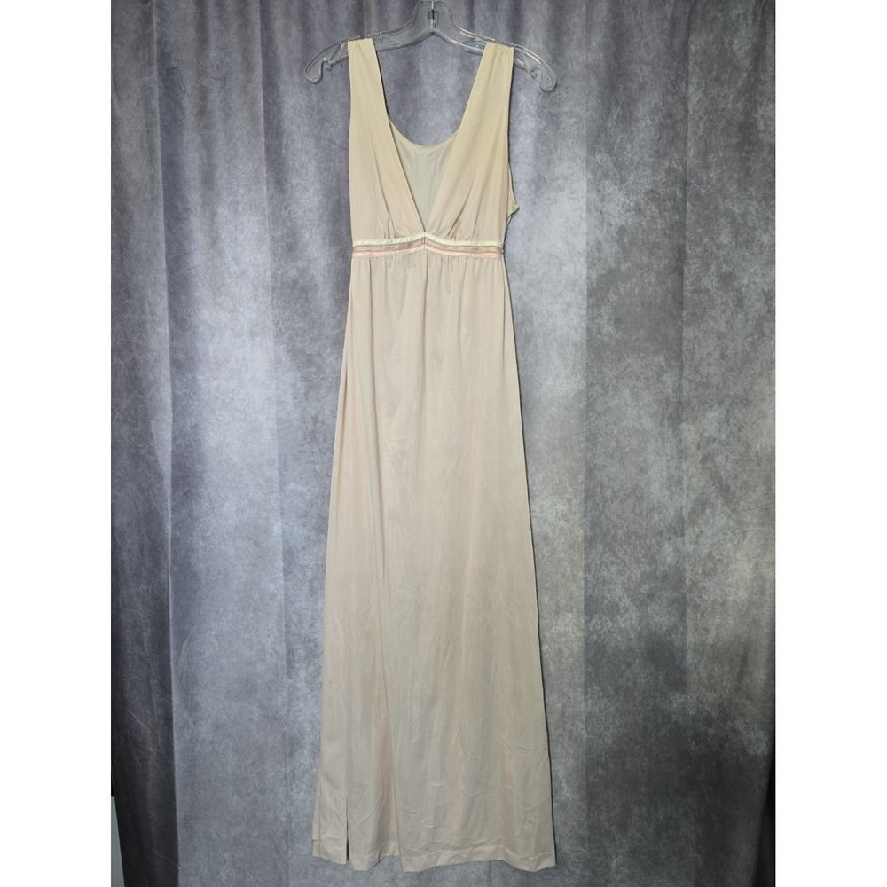 Sears Large Powder Pink Nylon Nightgown Deep V Neck Ribbon Trim Maxi VTG